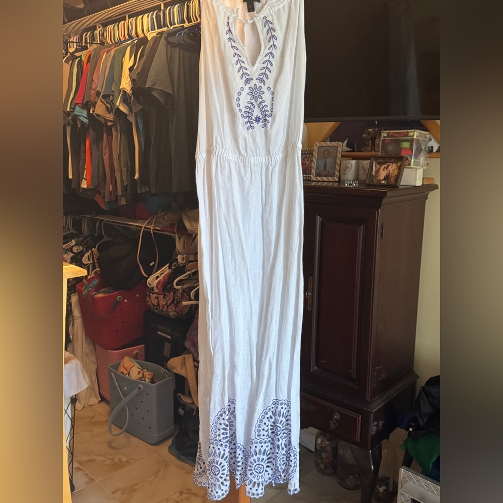 J. Crew White Maxi Dress with Blue Embroidery